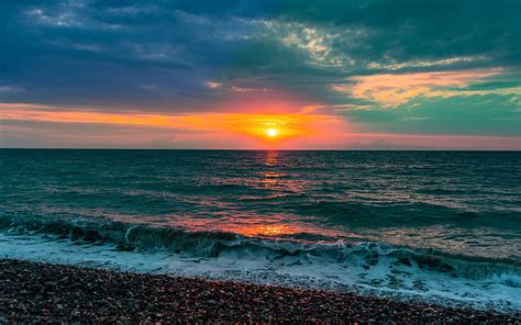 Seaside Sunset Pebbles Evening Waves Pebbles Coast Sea HD