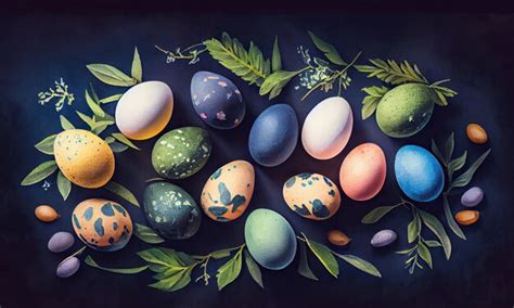 Premium Ai Image Top View Eggs Ester Colorful Painted On Dark Blue