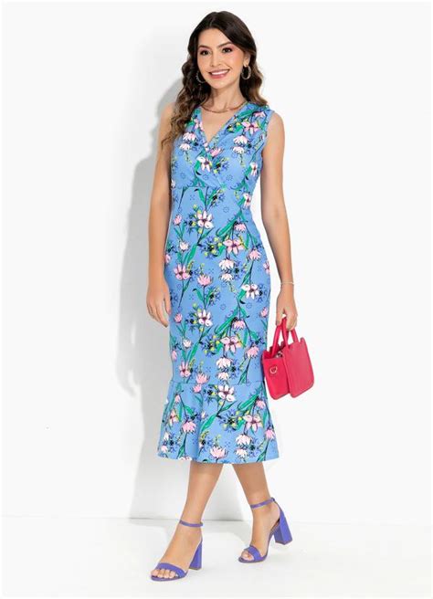 Vestido Floral Azul Babado Moda Evang Lica Rosalie