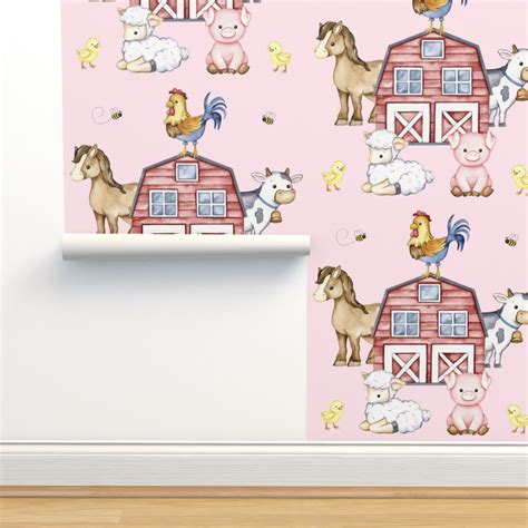 Farm Animals Pink Baby Girl Nursery Wallpaper | Spoonflower