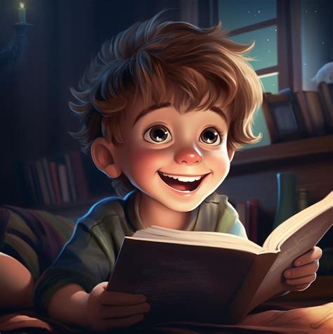 Un hermoso niño está leyendo un libro mientras sonríe Foto Premium