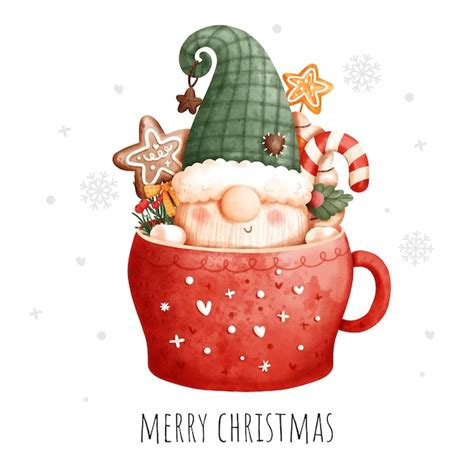 Premium Vector Christmas Gnome Mug Watercolor Greeting Card