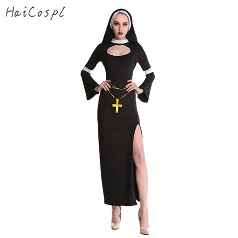 Nun Costume Halloween Female Fancy Sexy Black Church Sister Disguise Party Cosplay Dress Fantasy