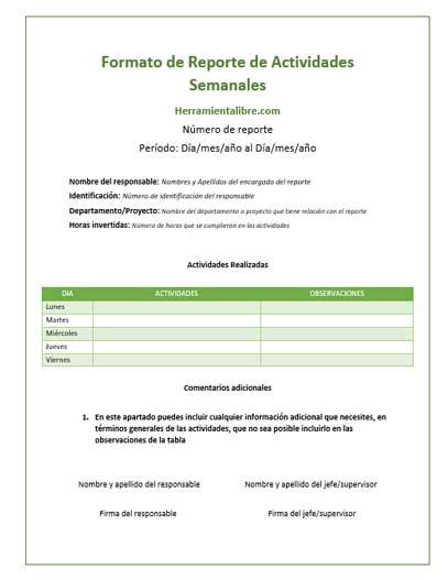 Formato De Reporte De Actividades En Word Gratis Herramienta Libre