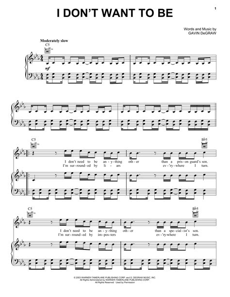 I Dont Want To Be By Gavin Degraw Sheet Music For Piano Vocal