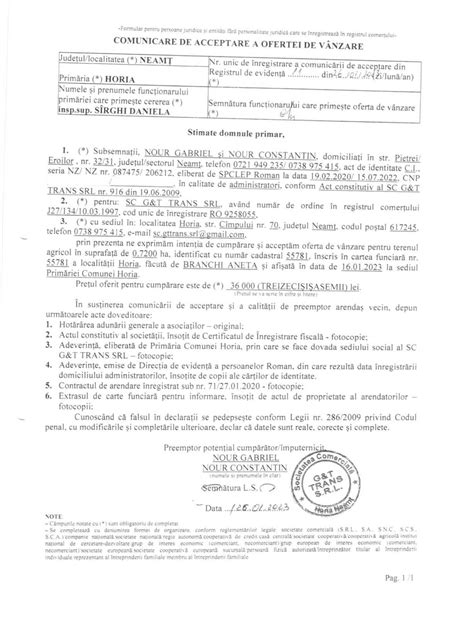 Comunicare de acceptare a ofertei de vânzare nr 11 26 01 2023