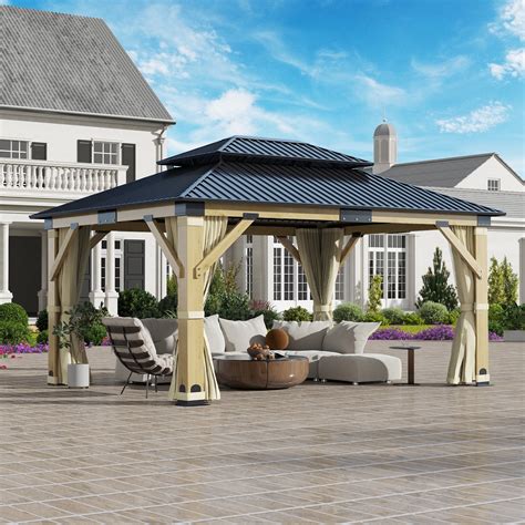 Gartoo Outdoor Solid Wood Gazebo - Patio Galvanized Steel Hardtop ...