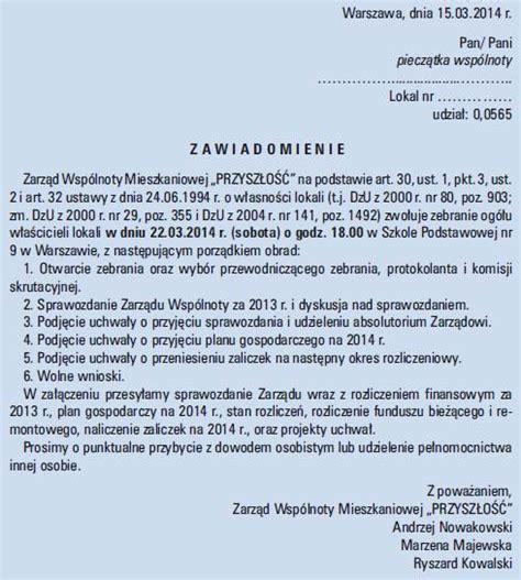 Wzór porządku obrad i sposoby prowadzenia zebrania wspólnoty