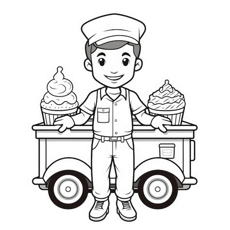 Dibujo Para Colorear De Un Vendedor De Helados En Un Fondo Blanco