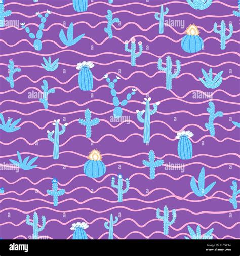 Seamless Patterns With Different Cacti Bright Repeating Texture With