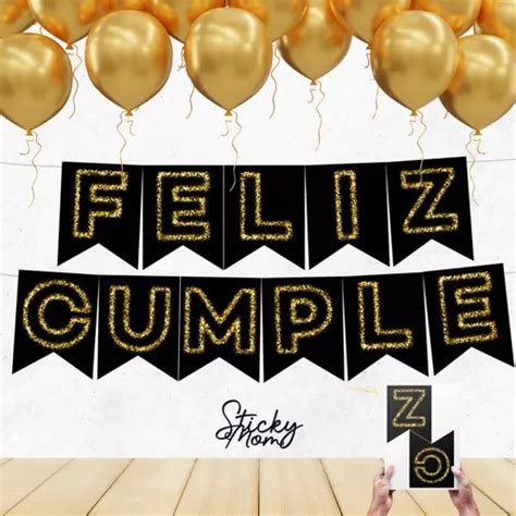 Banderines Feliz Cumple Kit Imprimible Negro Y Dorado En Venta En