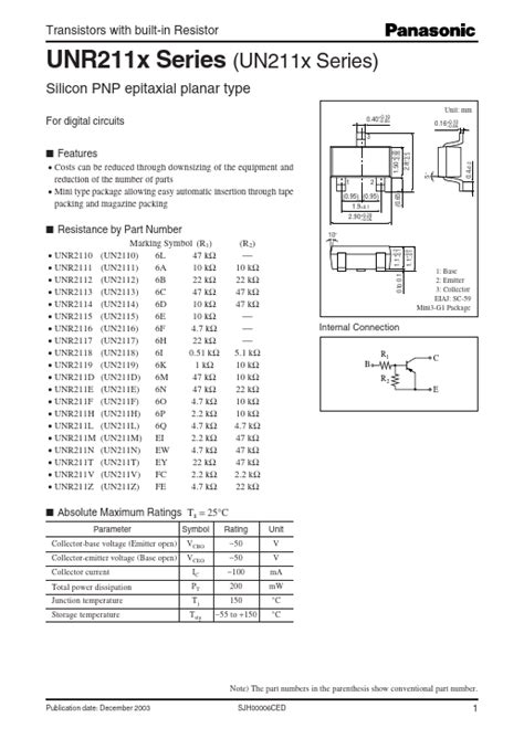 Unr211t Panasonic Semiconductor Transistors Hoja De Datos Ficha