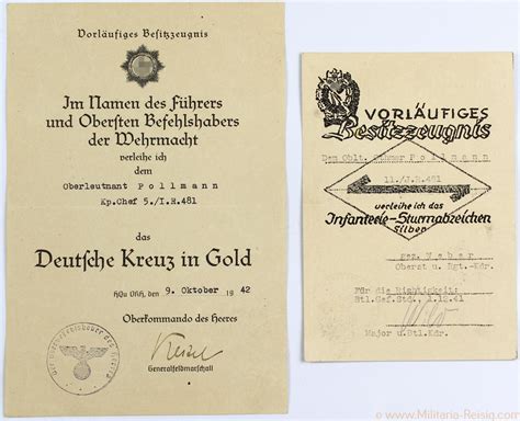 Verleihungsurkunde Zum Deutschen Kreuz In Gold Tr Ger Des Ritterkreuz