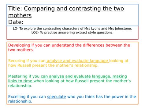 Blood Brothers - Comparing Mrs Johnstone and Mrs Lyons | Teaching Resources