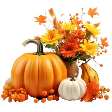 Orange Pumpkin And Fall Flowers, Beautiful Autumn Decoration On The ...