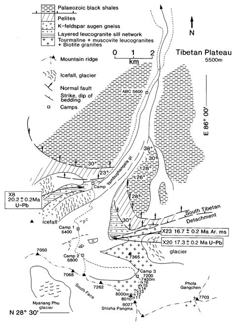 Geological map of the Shisha Pangma area. Sample localities are shown... | Download Scientific ...