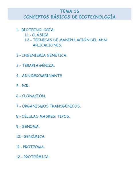 TEMA 16 Biotecnología Conceptos TEMA 16 CONCEPTOS BÁSICOS DE