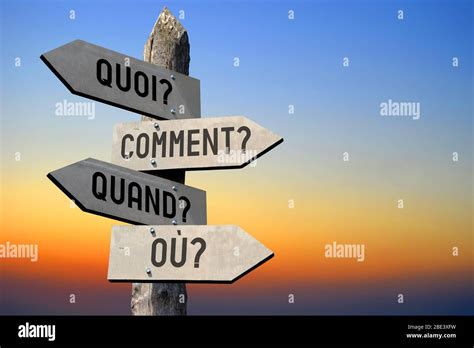 quoi comment quand ou french signpost stock photo alamy