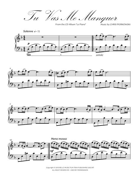 TU VAS ME MANQUER By CHRIS PIORKOWSKI Sheet Music For Piano Solo At