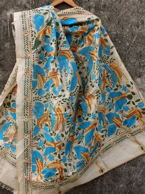 Blue Wing Bird Kanthawork Silk Dupatta Shilphaat