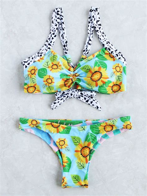 Shop Calico Print Tie Back Reversible Bikini Set Online SheIn Offers