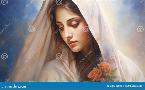 Portrait Of Mother Mary In A White Dress With A Veil Stock Illustration