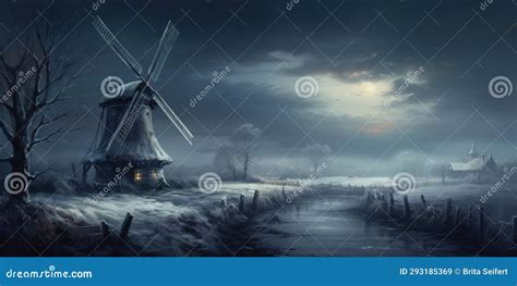 Old Dutch Landscape Night Scenery With A Windmill In Winter Stock