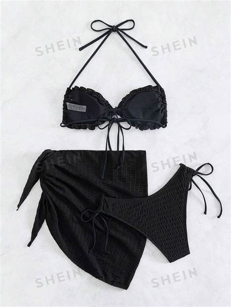 SHEIN Swim Chicsea Bañador bikini halter ribete fruncido con falda de