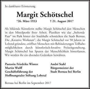 Traueranzeigen von Margit Schötschel Märkische Onlinezeitung Trauerportal