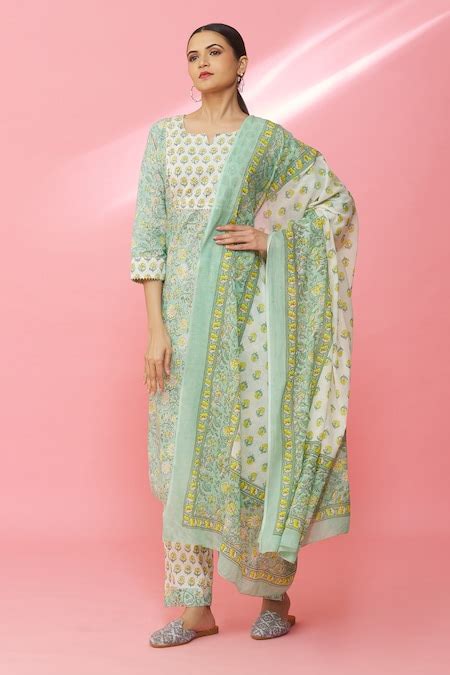 Buy Green Cotton Printed Floral Round Kurta Pant Set For Women By