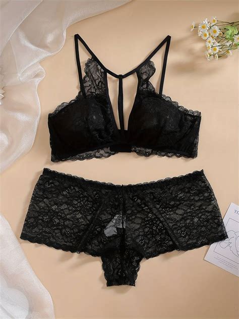 Plus Size Sexy Lingerie Set Womens Plus Floral Jacquard Cut Out Contrast Lace Bra Panty Sexy