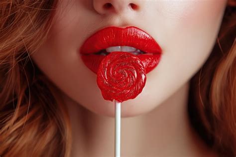 Open Female Mouth With Lips Sucking Red Swirl Lollipop On Stick Closeup Premium Ai Generated Image