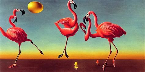 Pair Of Dancing Flamingos With A Flying Egg Oil Stable Diffusion