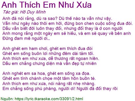 Loi Bai Hat Anh Thich Em Nhu Xua Ho Duy Minh Co Nhac Nghe