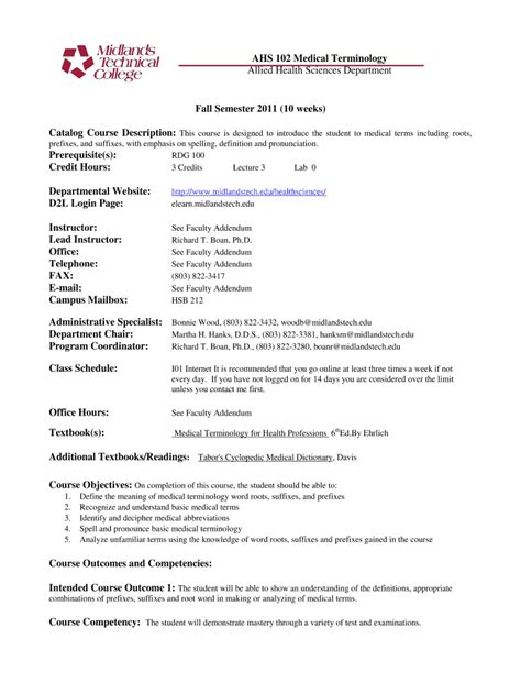 Fillable Online Midlandstech AHS 102 Medical Terminology Fax Email