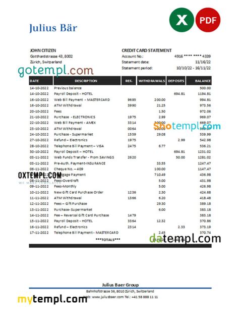 Switzerland Julius Bar Bank Statement Excel And Pdf Template Datempl