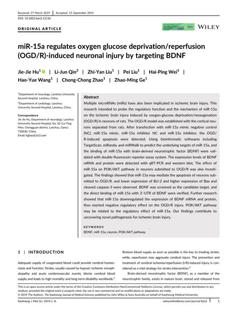 PDF MiR15a Regulates Oxygen Glucose Deprivation Reperfusion OGD R