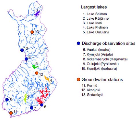 The major lakes and rivers in Finland. The location of the five largest ...