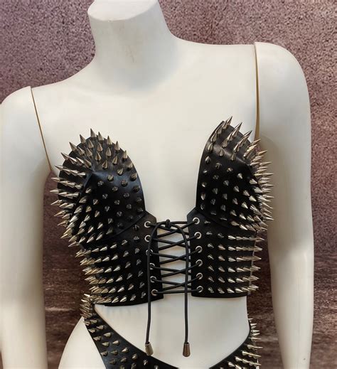 The Lunatic Spiked Bra Leather Bra With Spikes Lace Up Etsy