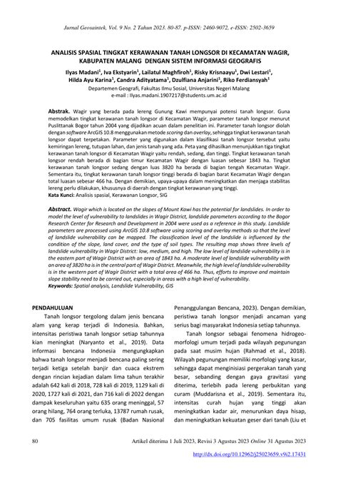 Pdf Analisis Spasial Tingkat Kerawanan Tanah Longsor Di Kecamatan