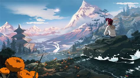 Anime Boy Mountain River 4K wallpaper download