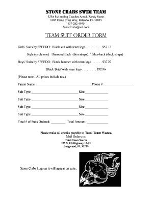 Fillable Online Team Suit Order Form Stone Crabs Swim Team Fax Email