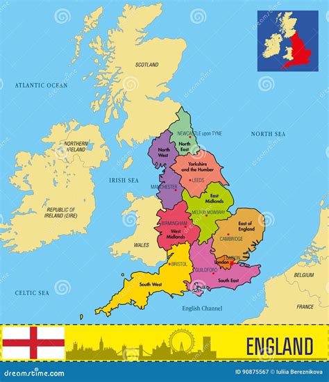 Political Map Of England With Regions And Their Capitals Stock Vector