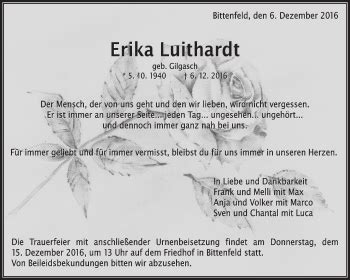 Traueranzeigen Von Erika Luithardt ZVW Trauer