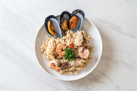 Spiral Pasta Mushroom Cream Sauce With Seafood Italian Food Style