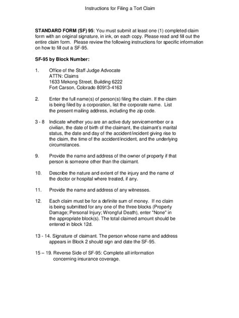 Fillable Online Instructions For Filing A Tort Claim Standard Form Sf