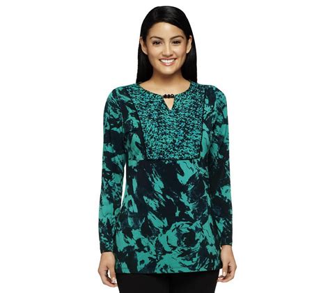 Susan Graver Liquid Knit Printed Tunic With Beaded Keyhole Detail