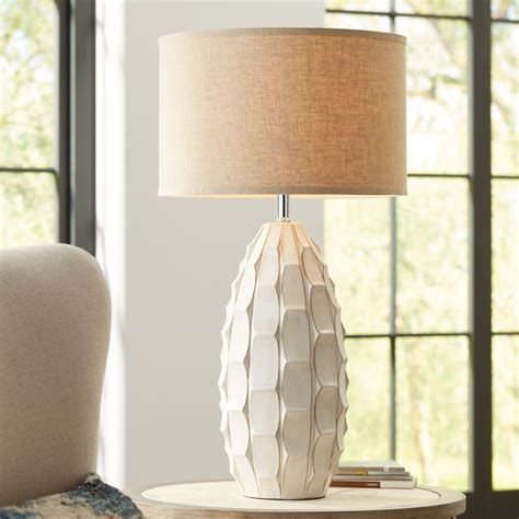 Possini Euro Design Mid Century Modern Table Lamp Ceramic White Handcrafted Beige Fabric Drum