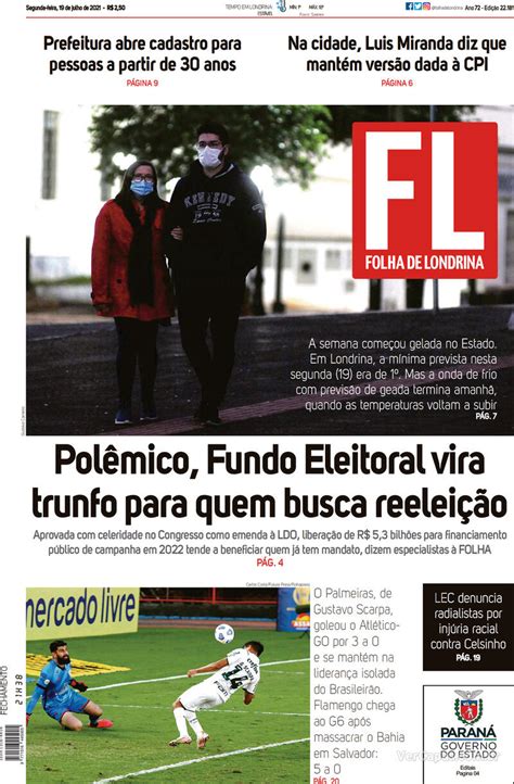 Capa Folha Londrina Edição Segunda19 De Julho De 2021