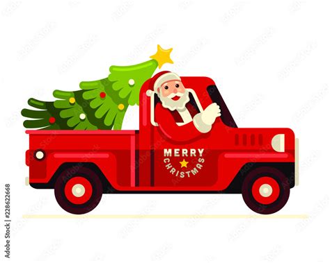 Merry Christmas Santa Claus Driving Truck With Christmas Tree Vector